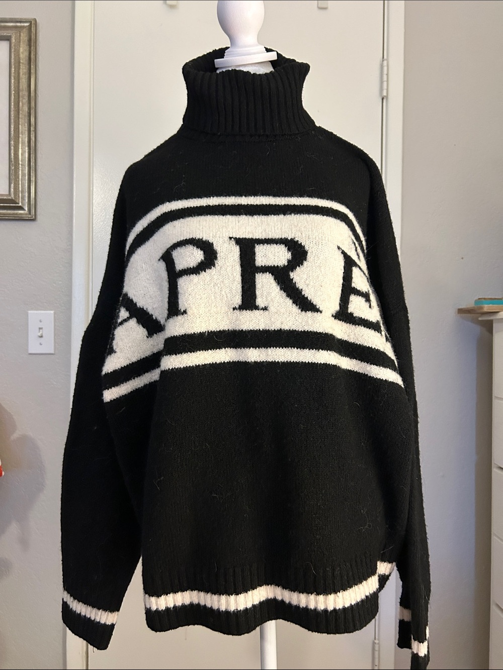 Impressions Black and White Turtleneck Logo Knit Sweater -